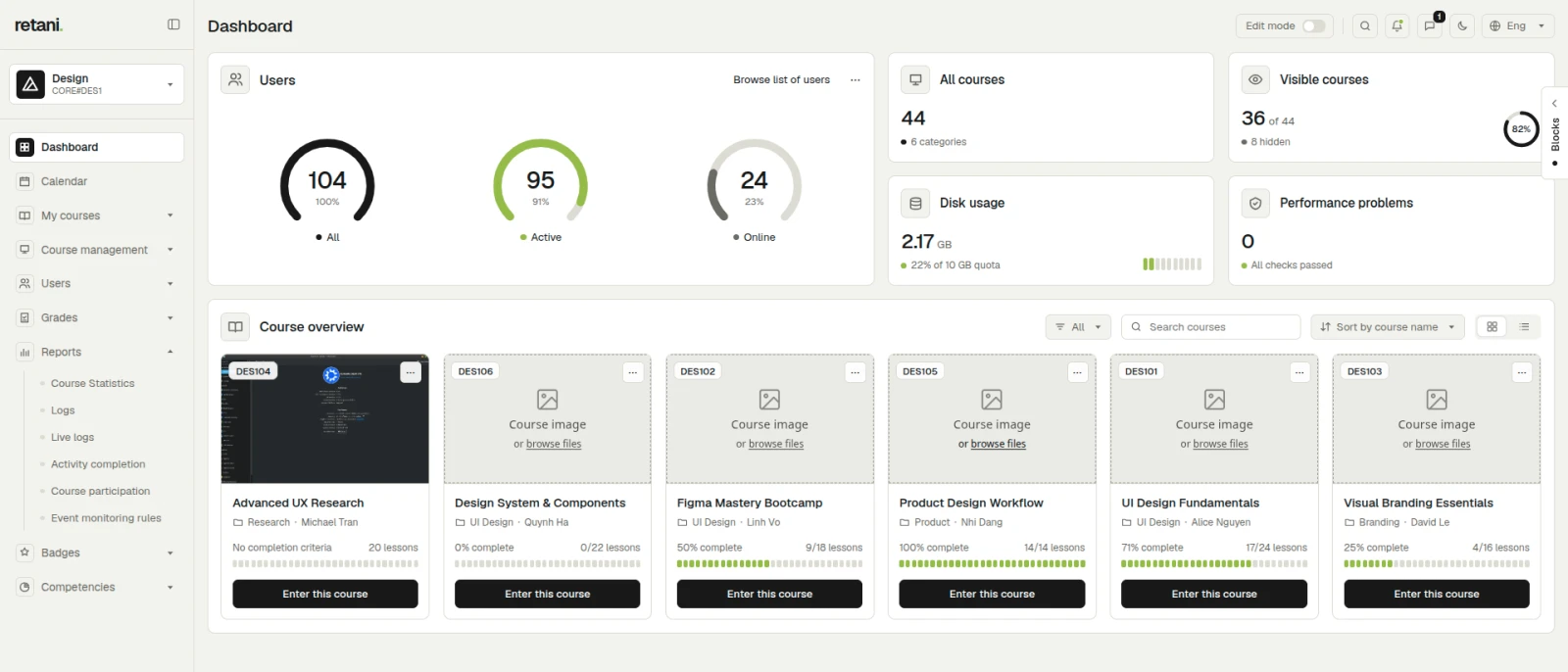 LMS: Moodle dashboard or course screen